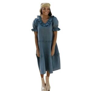 Roolee Women's Stone Blue Linen/Cotton Ruffle Dress